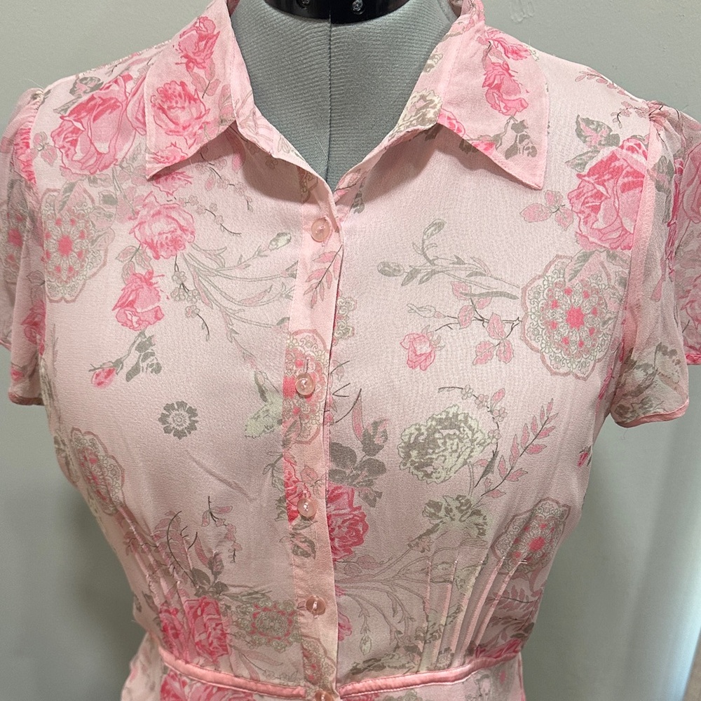 Y2K Worthington coquette Pink Floral Short Sleeve  10 silk sheer top fairy - Picture 5 of 8